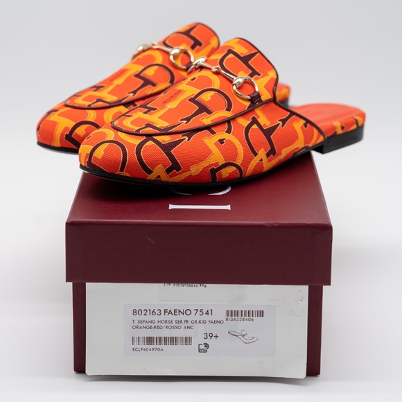 size 39.5G 9.5 US Gucci Princetown Horsebit Print Orange Mules Slip On - Picture 12 of 13